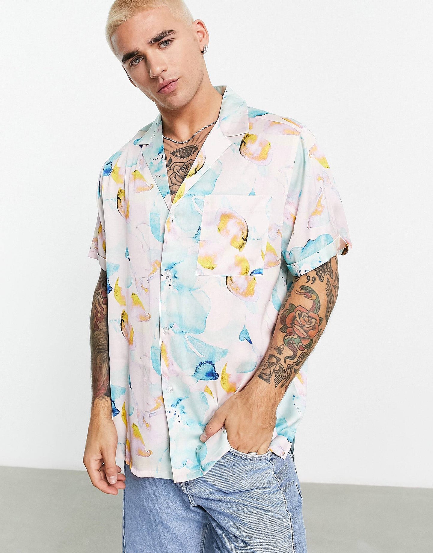 Relaxed Deep Revere Satin Floral Shirt