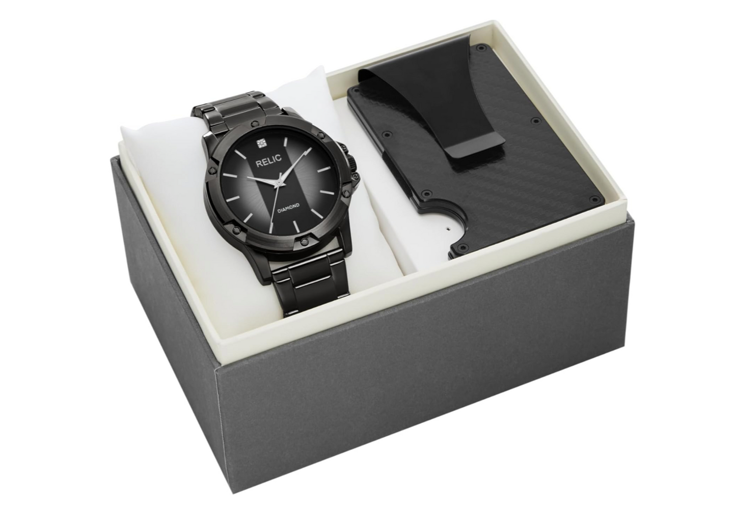 Relic by Fossil Gunmetal Watch and Black Metal Card Case Gift Set