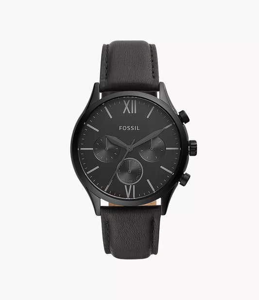 Fossil Black Satin Dial Leather Band Watch